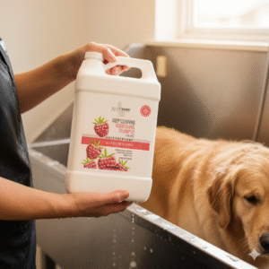 Руки грумера держат безсульфатный шампунь Isle of Dogs Deep Cleaning для интенсивной очистки шерсти