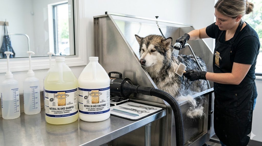 Професійна косметика Envirogroom Natural De Shed для процедури експрес-линьки в грумінг-салоні.